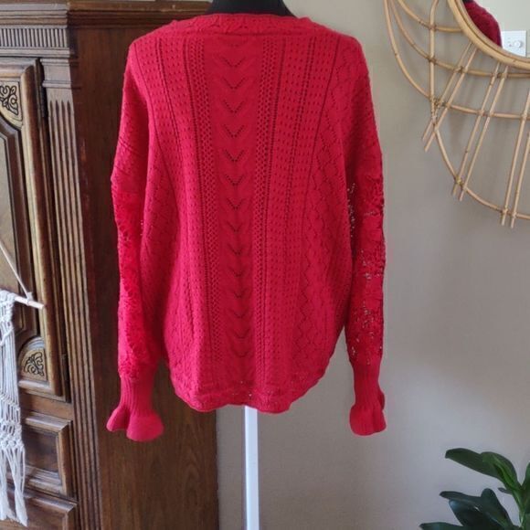 Red Open Knit Round Neck Sweater with Long Lace Flounce Sleeves Sz XL - Picture 2 of 11
